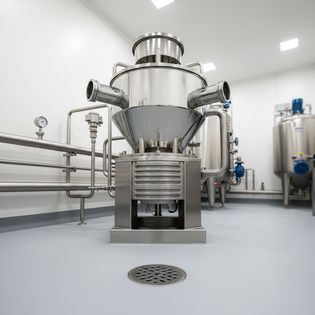 A specialized dairy separator and clarifier unit with its polished stainless steel conical bowl housing, visible inlet and outlet connections, and integrated motor base, centrally positioned in a compact processing room. The surrounding area includes neatly arranged stainless utility piping, a floor drain with grating, and a smooth, non-slip light gray resin floor. Neutral overhead lighting from recessed fixtures casts soft, clear light that accentuates the curvature of the bowl and the clean lines of the installation. Shot at a low, slightly upward angle, the separator appears robust and technologically advanced, with the background subtly softened to keep focus on the machine. The atmosphere is technical yet accessible, rendered in realistic, professional photographic style ideal for explaining specialized dairy equipment.