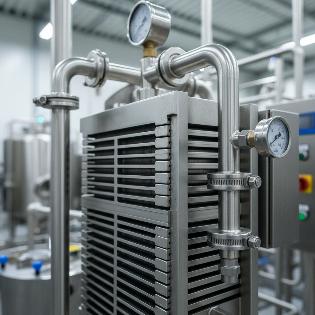 A close-up view of a polished stainless steel plate heat exchanger used for milk pasteurization, its parallel plates and tri-clamp fittings sharply defined against a slightly blurred background of other dairy equipment. Fine surface textures, gaskets, and pressure gauges are clearly visible, emphasizing engineering detail. Cool, neutral-toned overhead lighting creates crisp reflections along the metal edges and subtle gradients across the surfaces. Shot from a slightly angled perspective with shallow depth of field, the exchanger dominates the frame while soft bokeh hints at a larger processing facility. The mood is technical and precise, with a clean, modern photographic realism that highlights sanitary design and advanced dairy processing technology.
