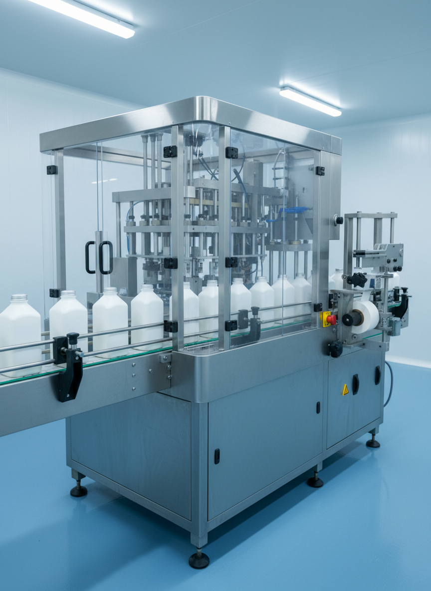 A compact, automated milk bottling and capping machine with transparent safety guards, conveyor belts carrying pristine white plastic milk bottles, and an integrated label applicator, all constructed from brushed stainless steel and hygienic plastics. The machine is positioned on a clean, light blue epoxy floor within a bright, orderly packing area. Cool white LED strip lights above cast uniform, shadow-free illumination, creating crisp reflections on bottle surfaces and machine components. Captured from a slightly elevated angle, the composition leads the eye along the conveyor path, with sharp focus throughout to showcase every detail. The atmosphere is efficient, sterile, and professional, rendered in high-resolution photographic realism for a modern dairy packaging environment.
