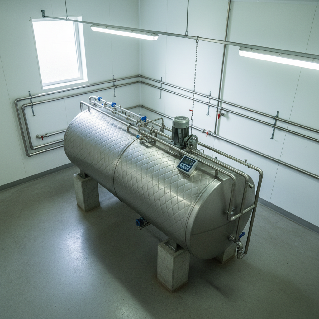 An overhead view of a dairy farm bulk milk cooling tank installation, featuring a horizontal cylindrical stainless steel tank with insulated jacket, clearly visible inlet piping, agitator motor, and digital temperature display mounted on the side. The tank sits on robust concrete pads in a tidy, well-organized farm utility room with neatly routed PVC and stainless lines along whitewashed walls. Natural daylight enters from a high side window, mixing with cool fluorescent lighting to create soft, even illumination and mild shadows beneath the tank supports. The bird’s-eye composition emphasizes layout, connections, and clear service access, conveying practicality, reliability, and well-planned dairy farm infrastructure in a realistic photographic style.