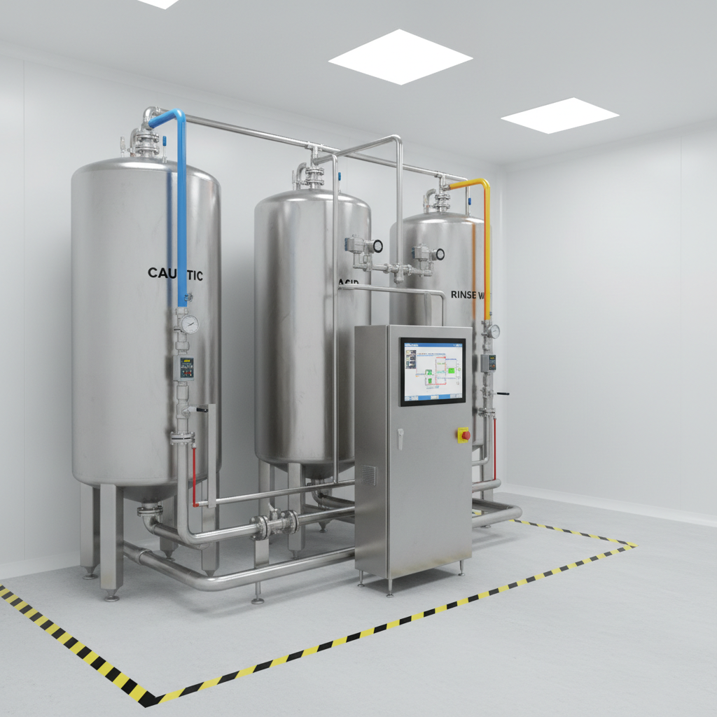 A precision CIP (clean-in-place) station dedicated to dairy processing, featuring a row of vertical stainless steel detergent and rinse solution tanks, color-coded pipelines, flow meters, and a touch-screen control cabinet. The system is set against a smooth white wall with clearly labeled lines and safety markings on the light gray floor. Bright, diffused LED panel lighting from the ceiling produces clear, clinical illumination, highlighting polished welds, hose couplings, and instrumentation. Photographed from a three-quarter angle at eye level, the composition uses leading lines of the piping to draw the viewer into the frame, with sharp focus and high clarity. The mood is highly professional and hygienic, emphasizing systematic sanitation and compliance in a clean, modern photographic aesthetic.