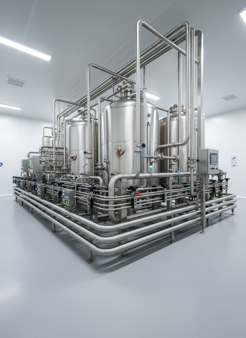 A high-capacity stainless steel milk processing line in a spotless modern dairy plant, featuring gleaming pasteurization tanks, interconnected sanitary piping, and digital control panels with clear indicator lights. The floor is smooth, light gray epoxy with subtle reflections of the equipment, and the walls are bright white panels with minimal signage. Soft, diffused overhead LED lighting creates even illumination and gentle metallic highlights, with faint shadows defining the shapes of valves and pipes. Photographed at eye level with a wide-angle lens, the composition follows clean, linear perspectives down the length of the line, conveying precision, reliability, and hygienic excellence in a realistic, professional photographic style.